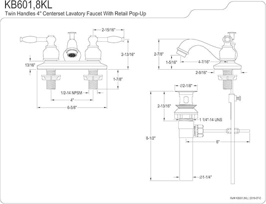 Kingston Brass KB601KL Vintage 4-Inch Centerset Lavatory Faucet, Polished Chrome