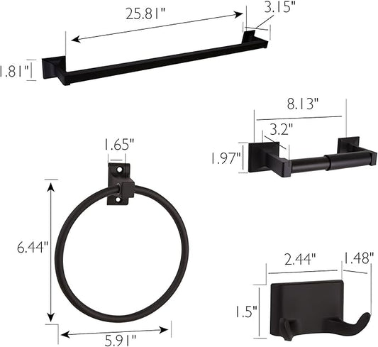 Design House Millbridge 4-Piece Bathroom Accessory Set, Matte Black, Includes Towel Bar, Towel Ring, Toilet Paper Holder, and Robe Hook – Design House, 534628
