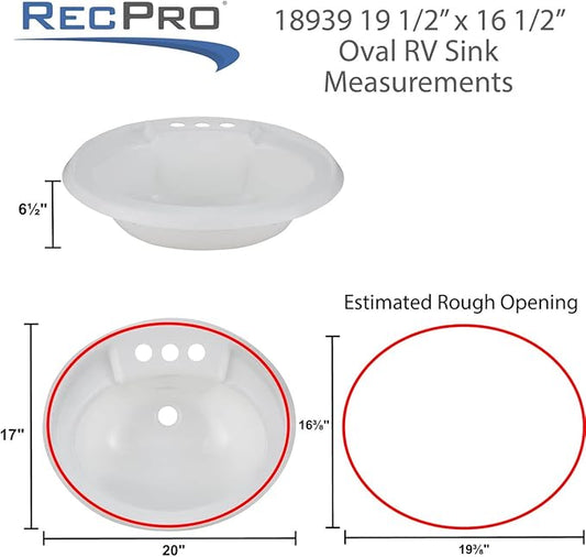 RecPro RV Kitchen Sink with Pull-Out Faucet | Brushed Nickel Single Lever | 3-Hole Installation | Durable Plastic White Oval Basin | Dual Stream & Spray Settings+