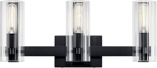 Kichler Jemsa 3 Light Vanity, Modern Light with Clear Fluted Glass in Black for Bathroom or Powder Room (9.75" x 22.75"), 55168BK