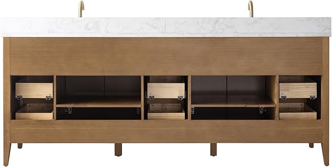 Vanity Art 84 inch Bathroom Vanity with Double Sink & Ceramic Top, Vanity Cabinet with Soft-Closing Door, Solid Wood Frame, Linear Pattern, Walnut, Golden Brushed Handware,Walnut