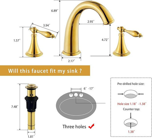 SaniteModar Polished Gold Bathroom Sink Faucet, Brass Widespread Faucet, 3 Hole, 2 Handles with Water Supply Lines and Pop-up Drain