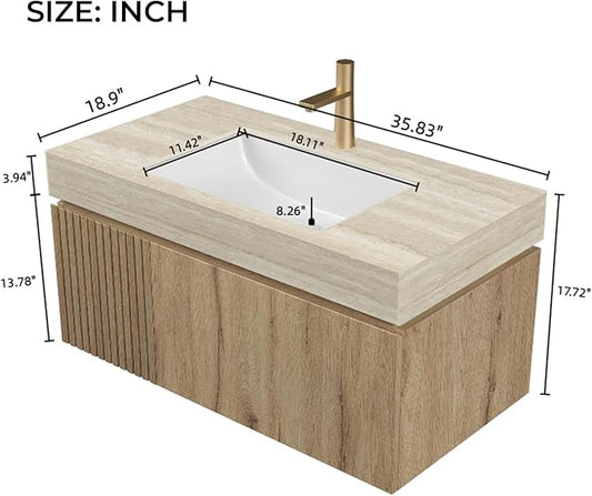 LKTART Floating 36 Inch Bathroom Vanity with Sink, Modern Plywood Wall Mounted Bathroom Storage Cabinet with 1 Door and 1 Drawer, Roma Travertine-Pattern Sintered Stone Countertop and Ceramic Basin