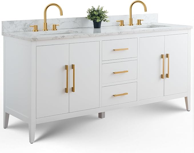 Vanity Art 72 inch Bathroom Vanity with Double Sink & Ceramic Top, Vanity Cabinet with Soft-Closing Doors, Drawers, Solid Wood Frame, White, Golden Brushed Handware