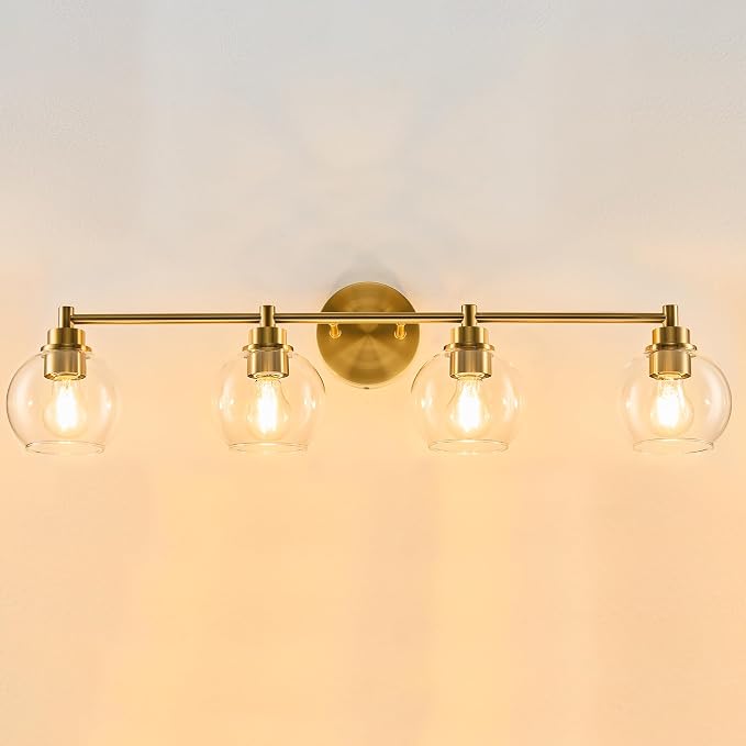 VONLUCE 4 Light Bathroom Vanity Light Fixtures, Gold Finish | Globe Glass Shades, E26 Sockets, Easy to install, Vanity Lights for Bedroom Hallway Living Room