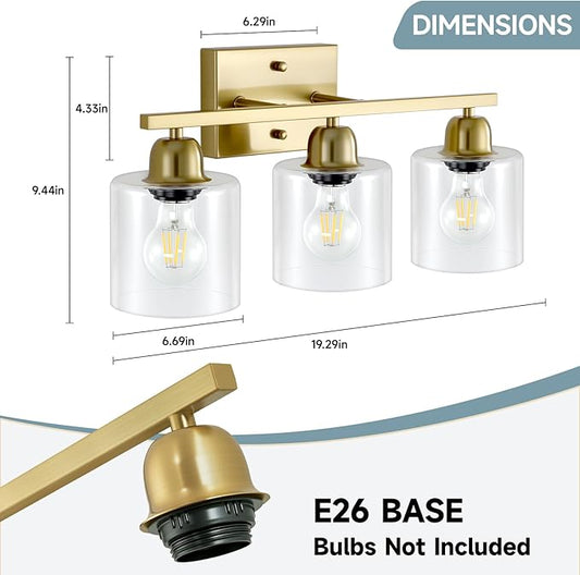 Modern Brushed Gold 3 Light Bathroom Light Fixtures, 19 inch Vanity Lights for Bathroom with Clear Glass, Bathroom Lighting Fixtures Over Mirror for Mirror Kitchen Living Room