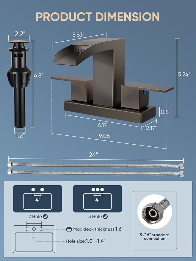 Cobbe Waterfall Bathroom Faucets 3 Hole, Oil Rubbed Bronze Bathroom Sink Faucet Square 4 Inch Centerset with Pop-Up Drain, 2 Handle and 2 Supply Hoses, Lead-Free Stainless Steel for Vanity Sink Rv