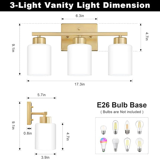 FonmYim Gold Bathroom Light Fixtures Vanity Lights Over Mirror | Modern 3-Light lighting fixtures for bathroom with Milky White Frosted Glass Shades, E26 Socket (Bulbs Not Included)