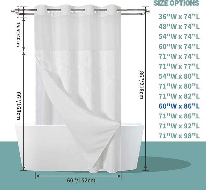 eachope No Hook Waffle Shower Curtain with Snap-in Liner, 60x86 Inch, White | 230GSM waffle weave fabric, waterproof liner set with 2 bottom magnets, mesh window, washable, for shower stalls or bathrooms