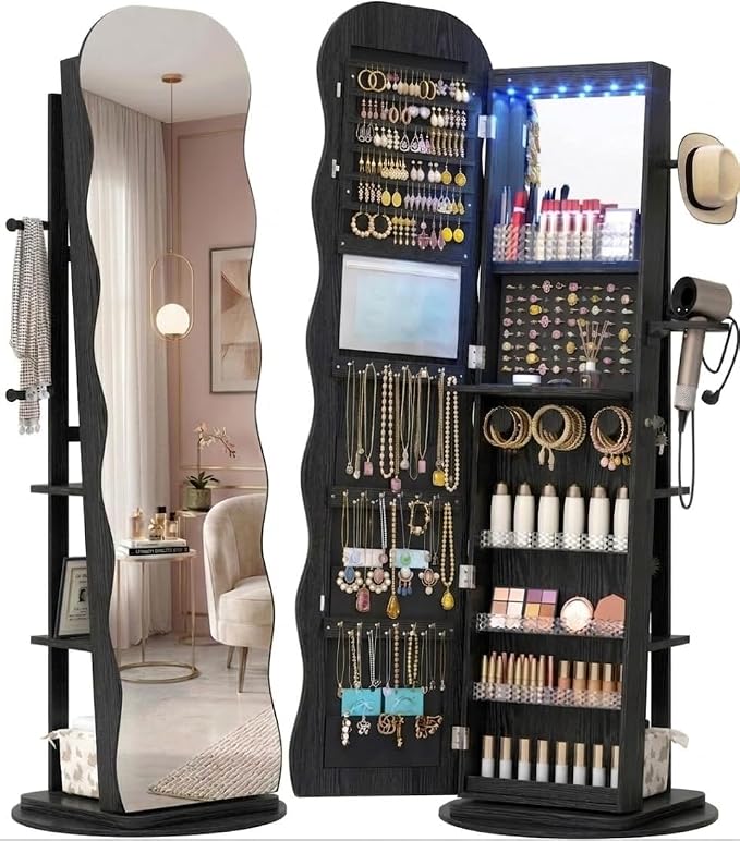 Vlsrka 360° Swivel Jewelry Armoire with Full Length Wave Mirror, Black | Lockable Mirror Jewelry Cabinet Standing, Interior LED Makeup Mirror, Foldable Shelf, Large Capacity, Gift for Women, Girls