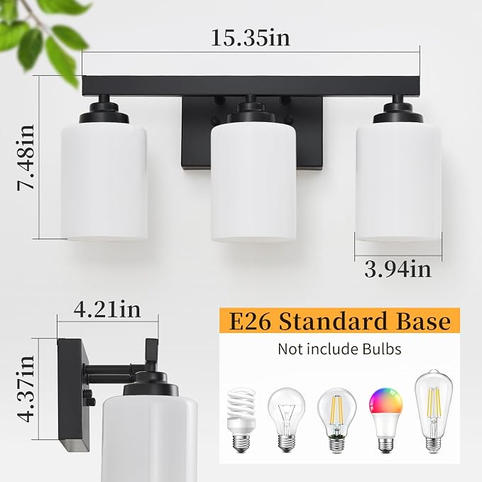 Bathroom Light Fixtures, Vanity Light Over Mirror Black 3-Light Fixture | Modern bathroom vanity light fixture with metal frame, ideal for mirrors, bedrooms and hallways. Fits E26 bulbs.