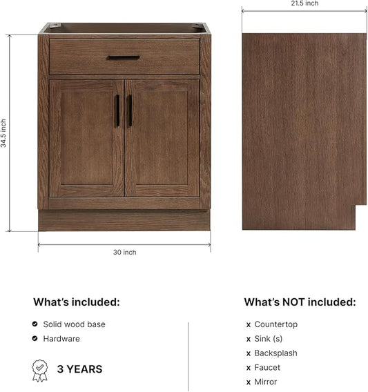 ARIEL Hepburn 30-inch Bathroom Vanity Base Cabinet,Solid Wood, 2 Soft Closing Doors, 1 Dovetail Drawers, Brown Oak