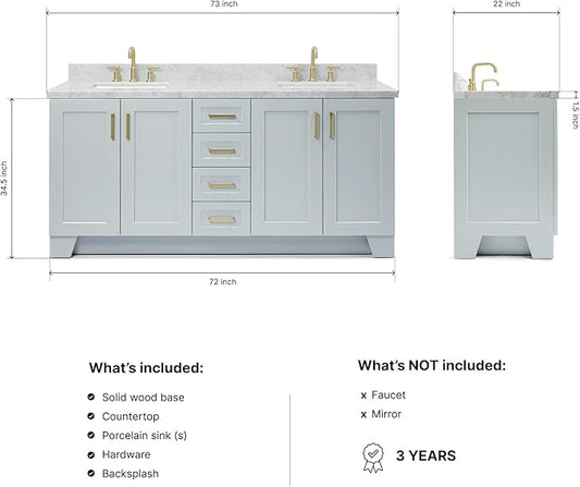 DKB Emilia 72 Inch Bathroom Vanity Double Sink — Grey Bathroom Vanity with Sink, 1.5" Edge Italian Carrara Marble Countertop & Backsplash, 4 Soft-Close Doors, and 6 Dovetail Drawers