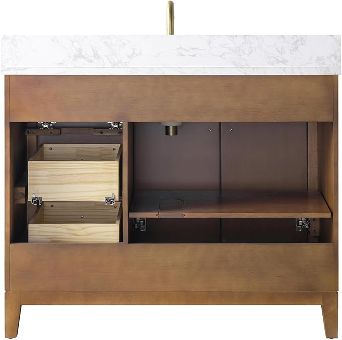 Vanity Art 42" Bathroom Vanity with Single Sink & Arabescato White Engineered Stone Top, Vanity Cabinet with Soft Closing Door, Solid Wood Frame, Golden Brushed Handles, Walnut VA8142-Walnut-GB
