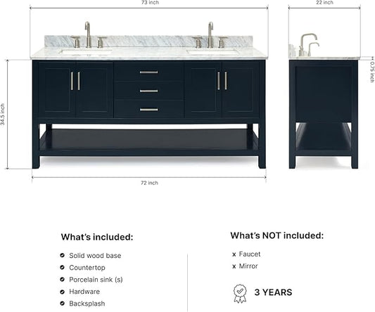 ARIEL Magnolia 72-inch Bathroom Vanity with Sink,Solid Wood, 0.75-inch Italian Carrara Marble Countertop, Double Rectangular Porcelain Sink, 4 Soft Closing Doors, 3 Dovetail Drawers, Midnight Blue