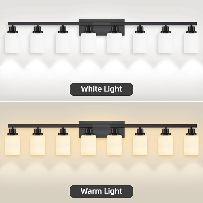 8-Light Bathroom Light Fixtures Over Mirror, 52inch Modern Matte Black Vanity Lights with White Frosted Glass Shade, Bathroom Wall Lamp Sconces for Mirror Bedroom, Living Room Hallway
