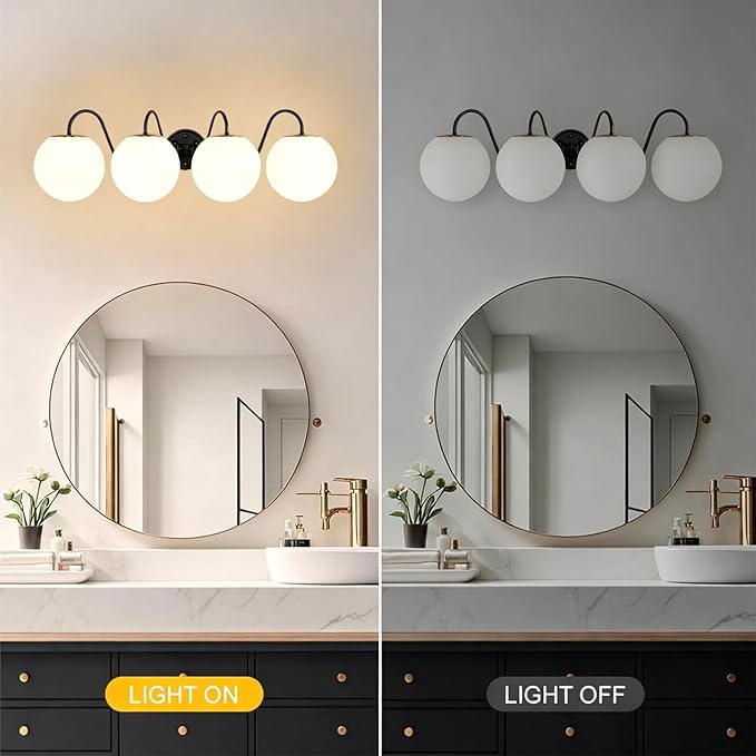 Vintage Matte Black Bathroom Vanity Light Fixtures Over Mirror 4 Lights | Vanity Lights For Bathroom With Milk Glass Shade,Medieval Court Style Wall light For Bedroom,DressingTable,Hallway,G9 Incl