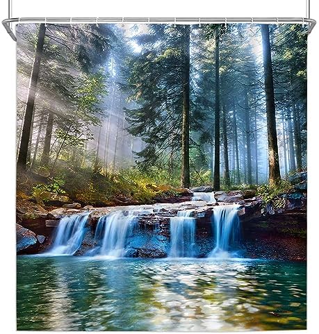 Waterfalls Shower Curtains Outdoor Natural Scenery Forest Sunshine Tree Plant Landscape Courtyard Bathroom Decor Polyester Fabric Curtain Set 86 x 70 Inch with Hooks