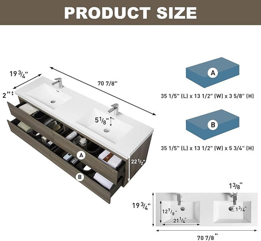 Wall Mounted 72 Inch Bathroom Vanity with Sink, Floating Vanity Bathroom, Double Sink Bathroom Vanity, 4 Drawers, Resin Integrated Sink (Ash Grey)
