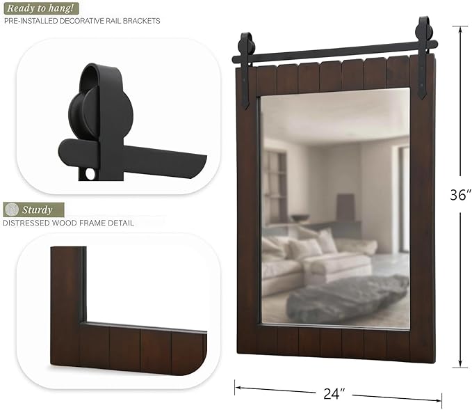 Besdomus Large Bathroom Farmhouse Mirror: 24"x36" Dark Brown Barn Door Solid Cedar Wood Frame Vanity Mirror - Wall Mounted Mirror for Hallway/Living Room/Bathroom - Rustic Decor for Fashion-Conscious