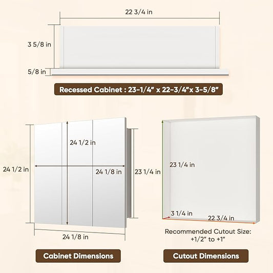 Antok 24x24 Inch Medicine Cabinet with Mirror, Wall Mounted Bathroom Mirror Cabinet, Wooden Medicine Cabinet Mirror, Recessed or Surface, White