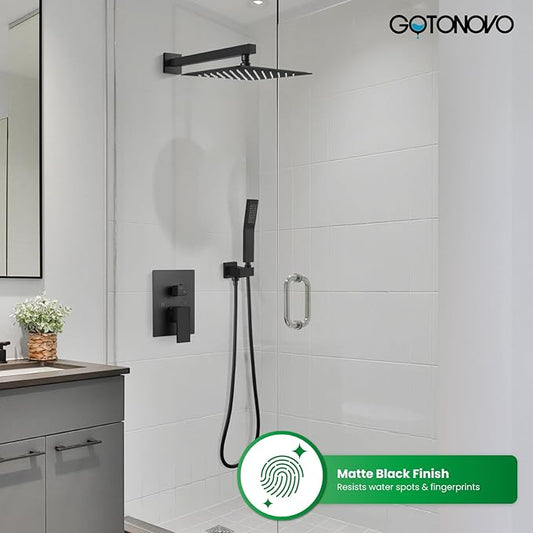 gotonovo Shower Faucet Set with Handheld Spray Matte Black,12'' Head | SUS304 Rainfall Shower Head and Handle Set System Fixture,Pressure Balance Valve Trim Kit,Single Handle,Wall Mount,All Metal