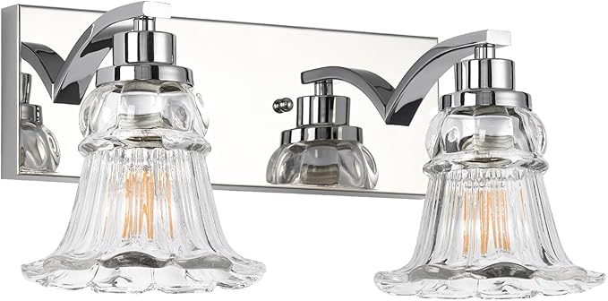 Vintage 2-Light Bathroom Vanity Light, Chrome Bathroom Light Fixtures with Floral Clear Glass Shades, Antique Wall Sconce Fixtures for Dressing Table, Bedroom