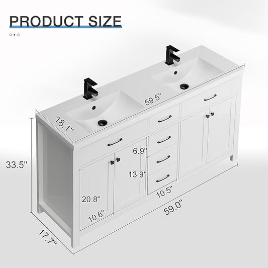 LUCKWIND 60" Bathroom Vanity and Sink Combo, Painted Modern Bathroom Storage Cabinet with Double Large Sink, Four Doors and Three Drawers, Include Faucet, Without Mirror, White
