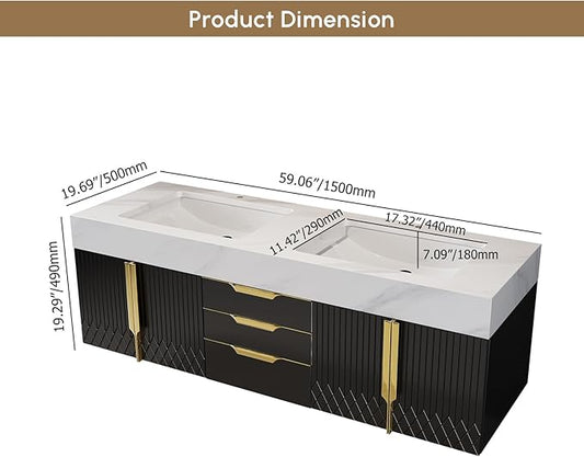 Bathroom Vanity with Sink, Modern Bathroom Vanity with Faux Marble Top, Gold Hardware & Soft-Close Drawers for Bathroom Storage (59.1 Inch, Black, Double Sink & Floating)