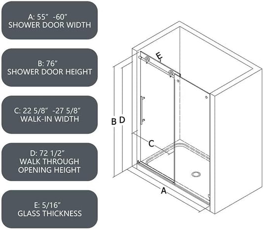 Single Sliding Shower Door,55"-60" W x 76" H Frameless Shower Door with 5/16" (8mm) Thick SGCC Tempered Glass W/Adjustable Soft Closing,Bathroom Glass Door for Spa(Matte Black)