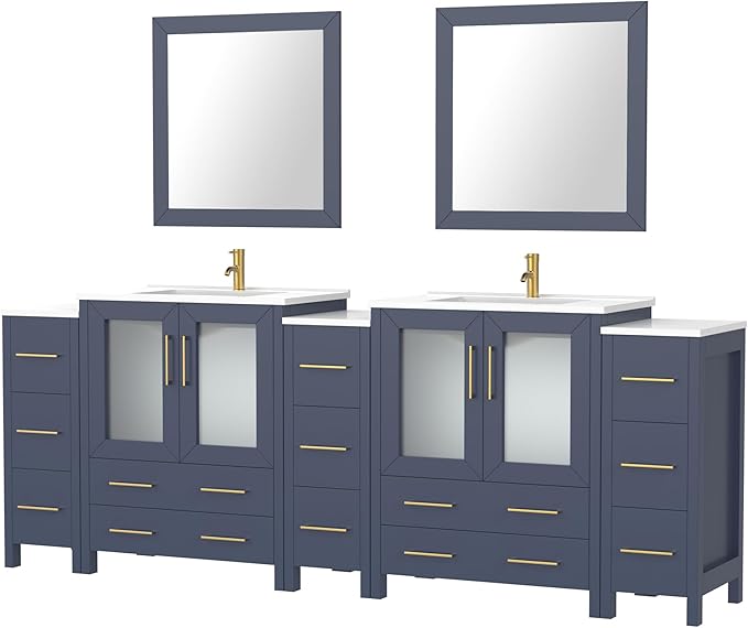 Vanity Art 96 Inch Under Mount Double Sink Bathroom Vanity Cabinet with 2 Mirrors, Ceramic Top Bathroom Cabinet Compact Set with 13 Dovetail Storage Drawers and Gold Finish Handles, VA3030-96B