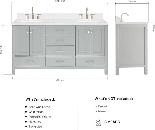 ARIEL Cambridge 66-inch Bathroom Vanity with Sink,Solid Wood, 1.5-inch Carrara White Quartz Countertop & Backsplash, Double Oval Porcelain Sink, 4 Soft Closing Doors, 6 Dovetail Drawers, Grey