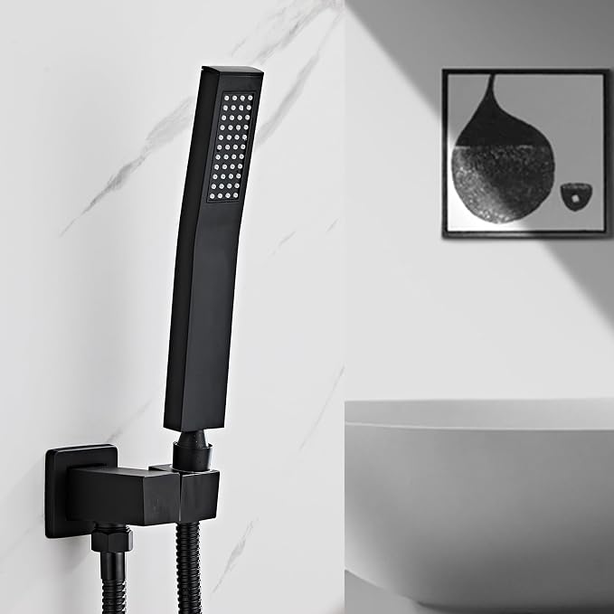 Black square hand shower head, handheld shower head with hose,brass High pressure flushing With adjustable water supply elbow Wall mount connector Shower bracket and hose set