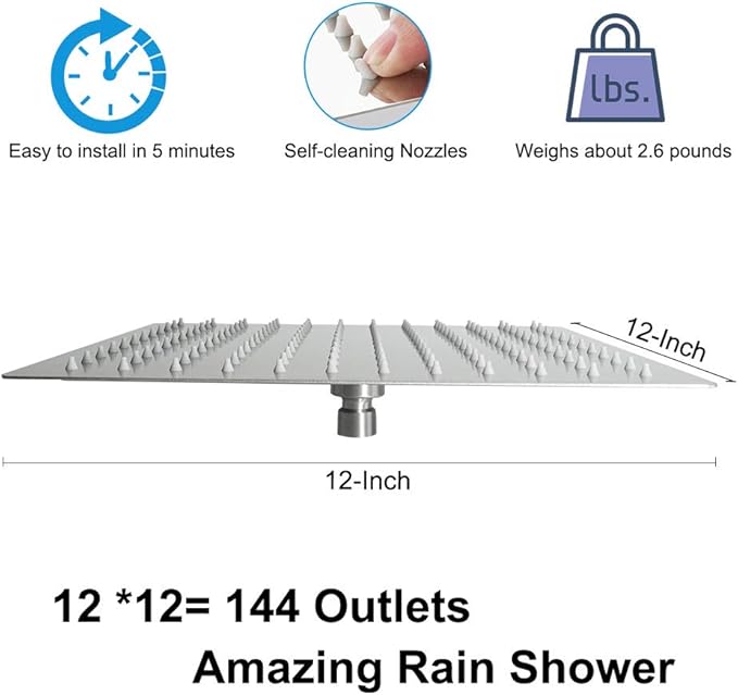 NearMoon Rain Shower Head, High Flow Stainless Steel Square Rainfall Shower, Waterfall Bath Shower Body Covering, Ceiling or Wall Mount (12 Inch, Brushed Nickel)
