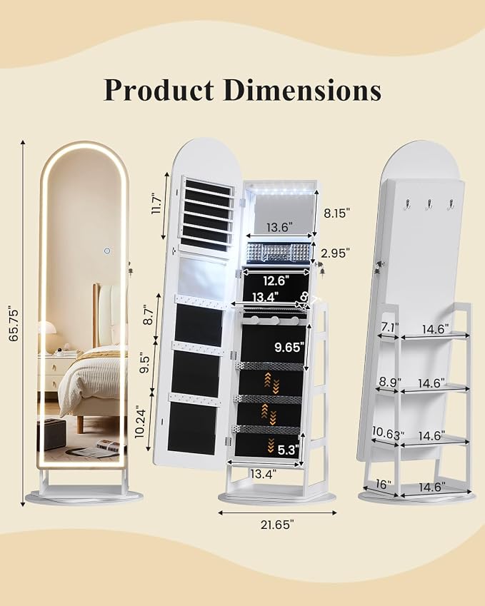 LVSOMT LED Arched Mirror Jewelry Cabinet Standing, Lockable Jewelry Armoire | 360° Swivel Full-Length Mirror with Storage, Large Jewelry Organizer Mirror, Foldable Makeup Shelf, Gift for Women, Black