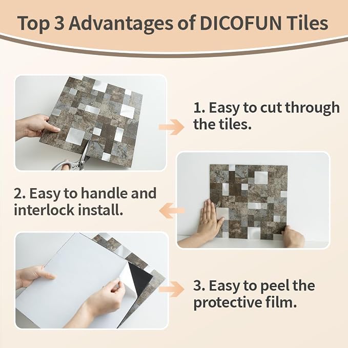 DICOFUN 12" x 12" Square Mosaic Peel and Stick Tile Backsplash, Mixed Metal Silver Stick on Wall Kitchen and Bathroom Tiles, Stick on Backsplash for Stove (10, Beige & Brown Slate)