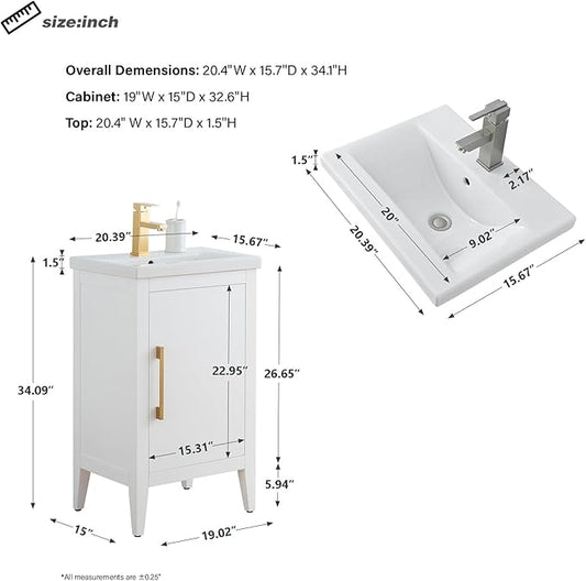HomeBeyond 20 Inch Bathroom Vanity with Sink & Ceramic Top, Single Vanity Cabinet with Basin, Soft-Closing Doors & Matte Black Hardware, White