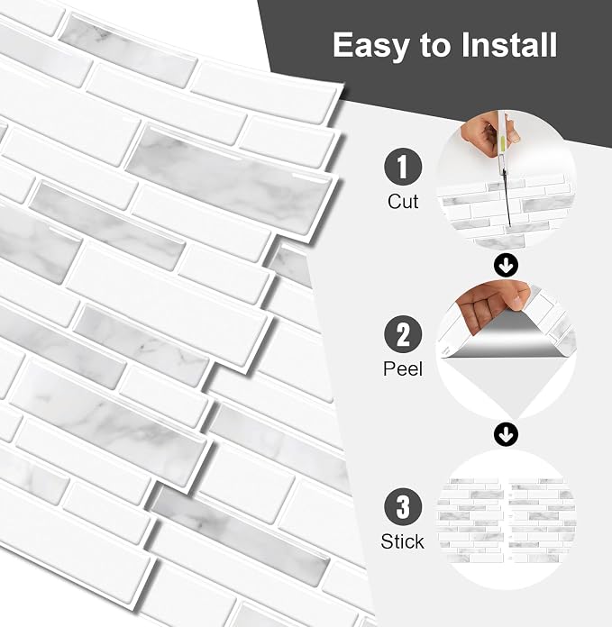 10 Sheets Peel and Stick Backsplash, 12"x12" Peel and Stick Tiles, Marble Look Wall Tiles Backsplash for Kitchen and Bathroom, Livingroom,White and Gray