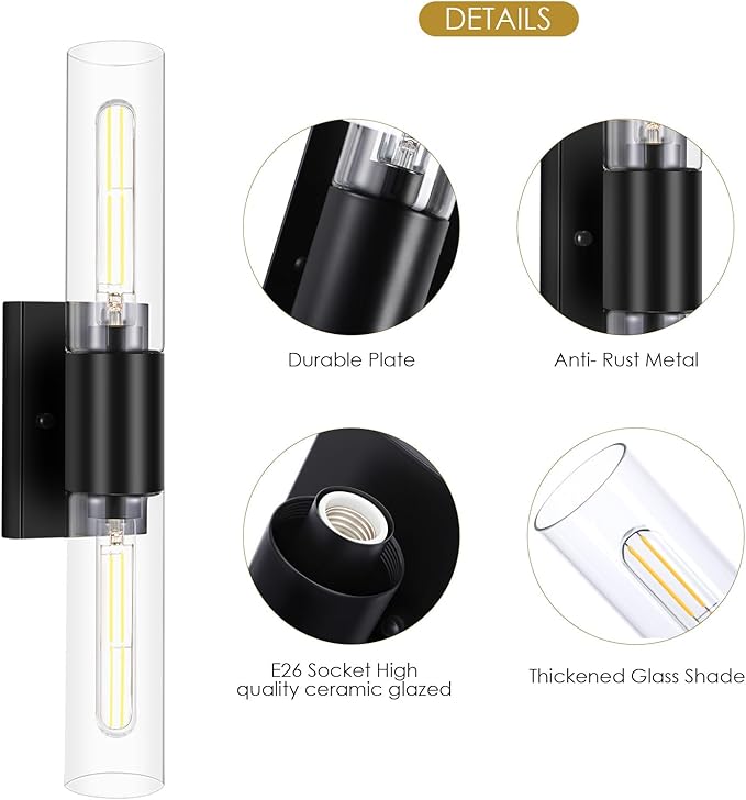 Wall Sconces Set of Two, Black Bathroom Sconces Wall Lighting with Clear Glass Modern Sconces Wall Light Set of 2 Bathroom Light Fixtures Vanity Light for Living Room Bedroom Washroom Hallway