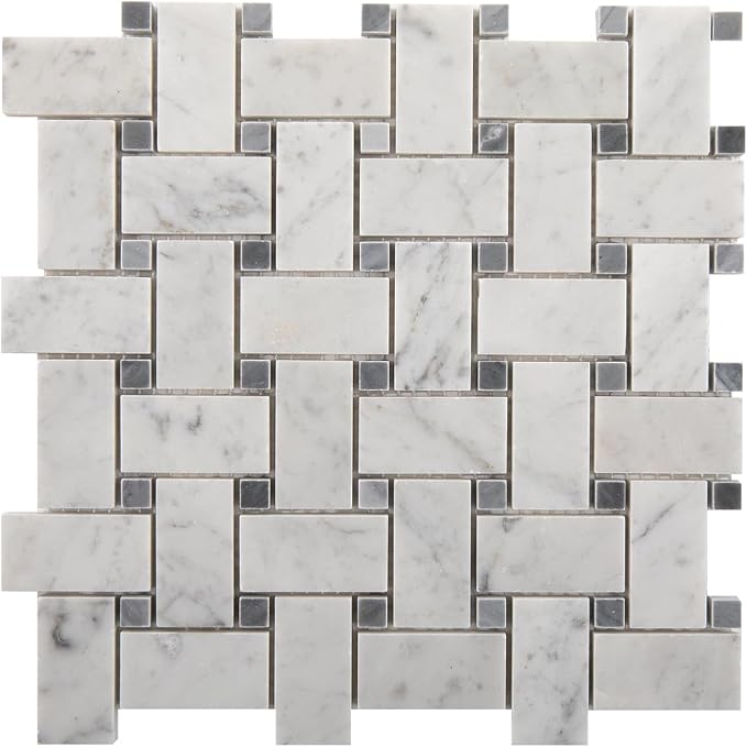 1×2 Inch Basketweave Carrara Marble Mosaic Tile for Kitchen Bathroom Floor | Water & Heat Resistant Polished Marble Backsplash Tiles for Wall Fireplace Surround Durable Unique Veins 2.8SQFT