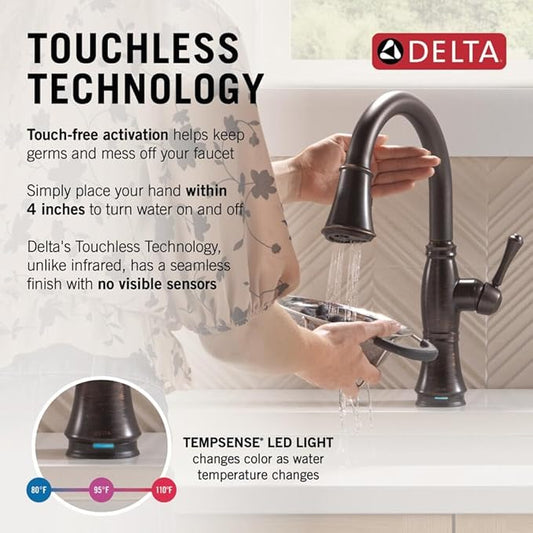 Delta Cassidy Touchless Kitchen Faucet with Touch Technology, Oil Rubbed Bronze Kitchen Sink Faucet with Pull Down Sprayer, Single Hole, Venetian Bronze 9197TL-RB-DST
