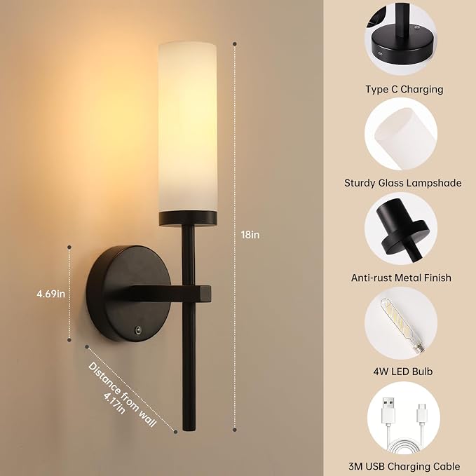 Shenmoyl Battery Operated Wall Sconces Set of 2, Black Rechargeable Wall Lighting Fixtures, Dimmable Wall Lights with Remote & Opal Glass Shade for Living Room, Bathroom,Bedroom