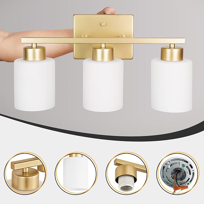 FonmYim Gold Bathroom Light Fixtures Vanity Lights Over Mirror | Modern 3-Light lighting fixtures for bathroom with Milky White Frosted Glass Shades, E26 Socket (Bulbs Not Included)