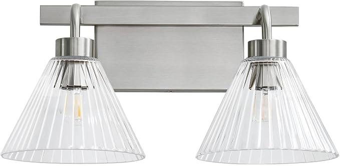 AIJIASI Modern Bathroom Light Fixtures 2-Light Brushed Nickel Vanity Lights for Bathroom with Ribbed Glass Shade 16 Inch Bathroom Lighting Fixtures Over Mirror Wall Sconce for Bedroom Living Room