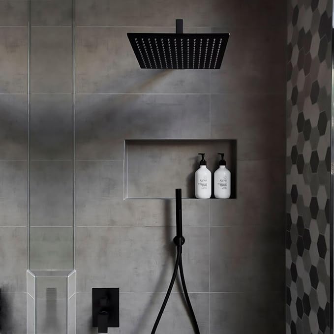 Voolan Extra Large Rain Shower Head - High Flow Square Rainfall Showerhead - Waterfall Full Body Coverage - Universal Ceiling or Wall Mount (16 * 12 Inch Rectangle, Matte Black)