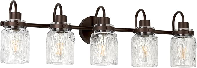 5 Lights Bathroom Vanity Light, Oil Rubbed Bronze Bathroom Light Fixtures with Hammered Glass Lampshade for Dressing Table,Over Mirror,Hallway