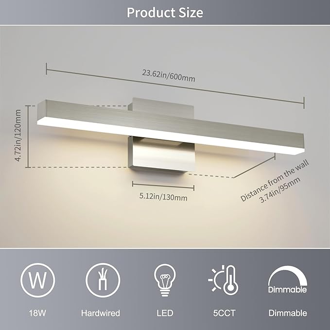 Joossnwell Bathroom Vanity Light, Brushed Nickel Bathroom Light Fixtures | ETL Certificated, 5CCT Dimmable, Modern LED Vanity Lighting Bar, Bathroom Lights Over Mirror 23.62 inch