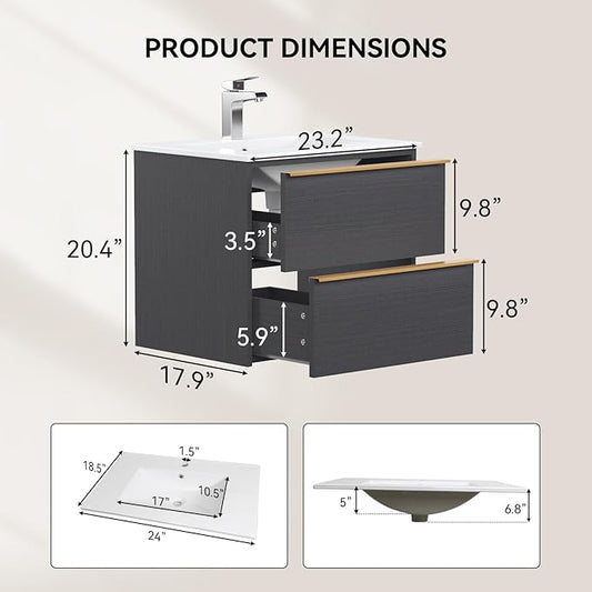 Floating Bathroom Vanity with Sink Wall Mounted Cabinet with 2 Soft-Close Drawers, Moisture-Resistant MDF,Large Storage for Small Space (Gray 24")