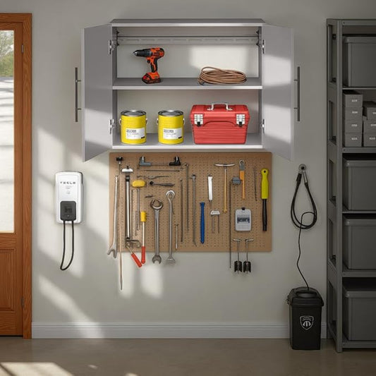 Prepac HangUps 30" Wide Upper Garage Storage Cabinet, Wood Hanging Wall Cabinet for Laundry Room, Wall Mounted Storage with Adjustable Shelf, Floating Cupboard with Metal Hanging Rail, Light Gray