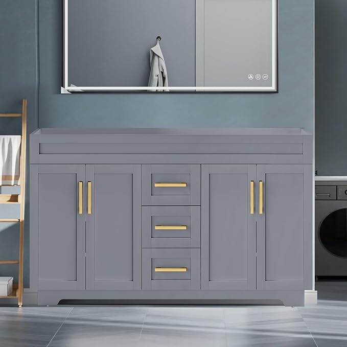 60 Inch Bathroom Vanity Without Sink, Modern Solid Wood Bathroom Storage Vanity with 4 Soft Closing Doors & 3 Full Extension Drawers,Quick Assemble Cabinet in Grey